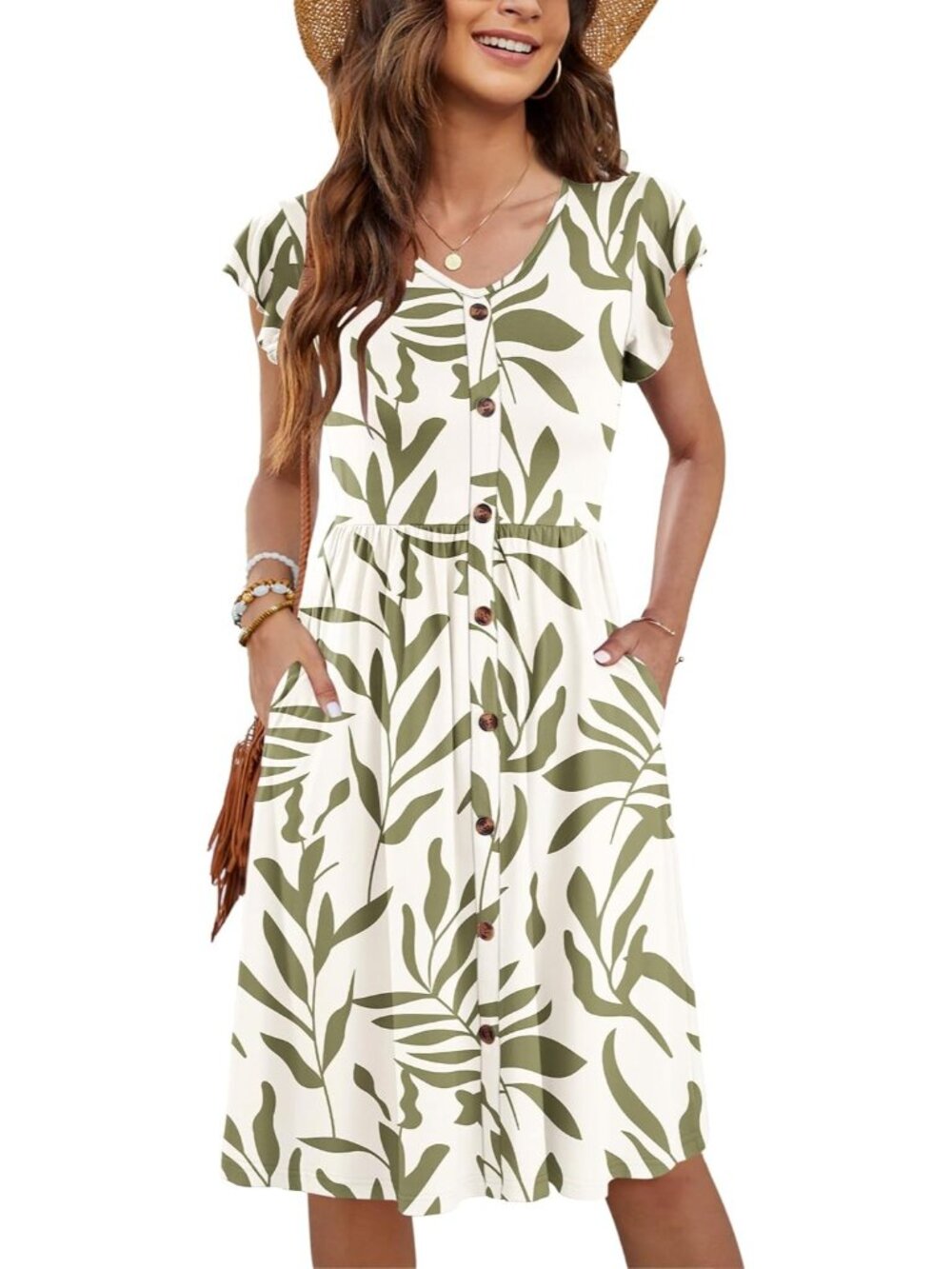 Women's Beige Brown Summer V-Neck Casual Ruffle Sleeve Sun Dress with Pockets